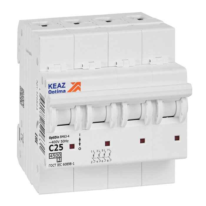 Выключатель автоматический 4п 25А (C) 4,5кА OptiDin BM63-4C25-4,5 (РФ)