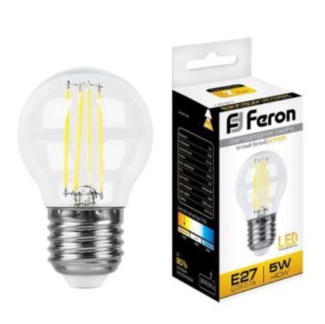 Лампа LED E27 5Вт 530Лм 2700К G45 Feron FILAMENT (РФ)