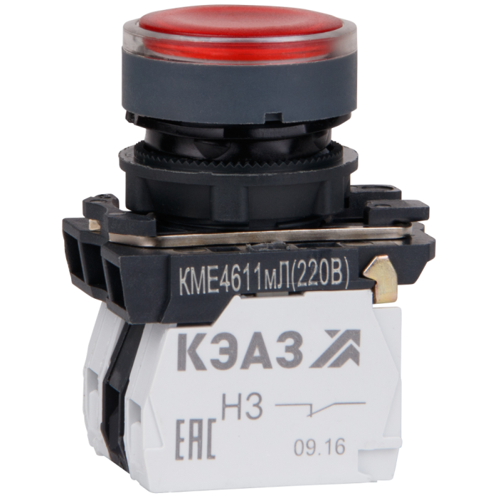 Кнопка КМЕ4611мЛ-220В-красный-1но+1нз-цилиндр-индикатор-IP65-КЭАЗ (РФ)