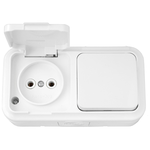 Блок открытой установки выкл. 1кл + розетка 1-мест.без/з без з/ш белый IP54 ПРАЛЕСКА АКВА (РФ)