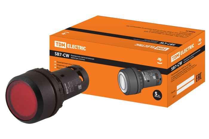 Кнопка SB7-CW3465 с возвратом 1НО+1НЗ d22 мм 220В LED красная IP54 (РФ)