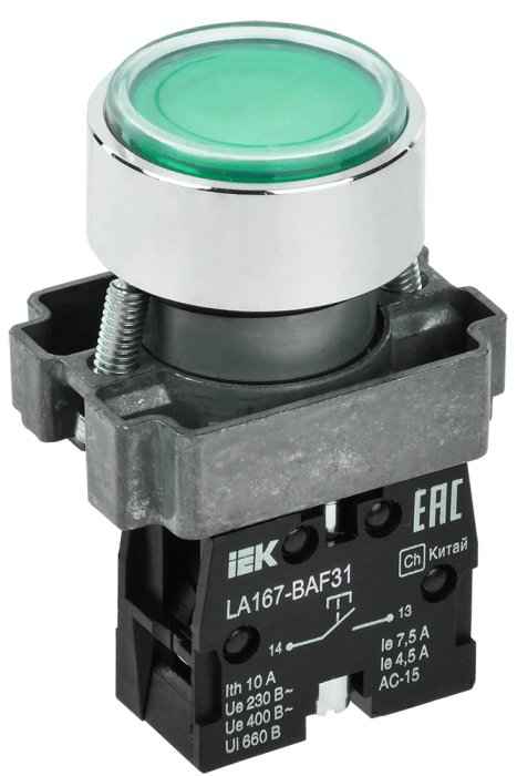 Кнопка управления LA167-BAF31 зеленый d22мм 1NO IEK (РФ)