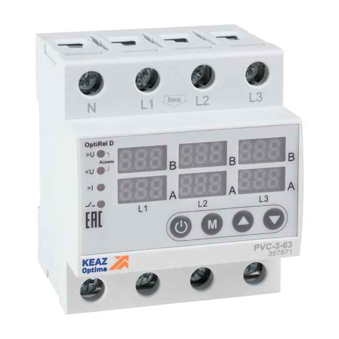 Реле напряжения и тока 3 фаз. 63А OptiRel D PVC-3-63 с ЖК-дисплеем КЭАЗ
