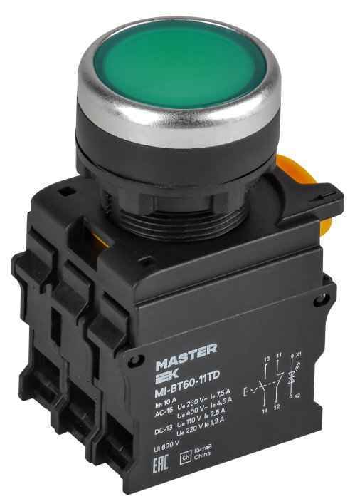 Кнопка управления с подсветкой и фиксацией 1NO+1NC зелёная MASTER IEK (РФ)