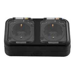 Розетка открытой установки 2-мест. с/з без з/ш с крышкой 16А черный IP54 ПРАЛЕСКА АКВА (РФ)