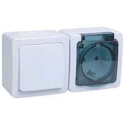 Блок открытой установки выкл. 1кл + розетка 1-мест. с/з без з/ш горизонтальный белый IP54 ГЕРМЕС PLU