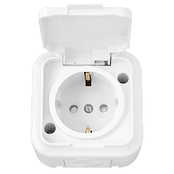 Розетка открытой установки 1-мест. с/з с з/ш с крышкой 16А белый IP54 ПРАЛЕСКА АКВА (РФ)